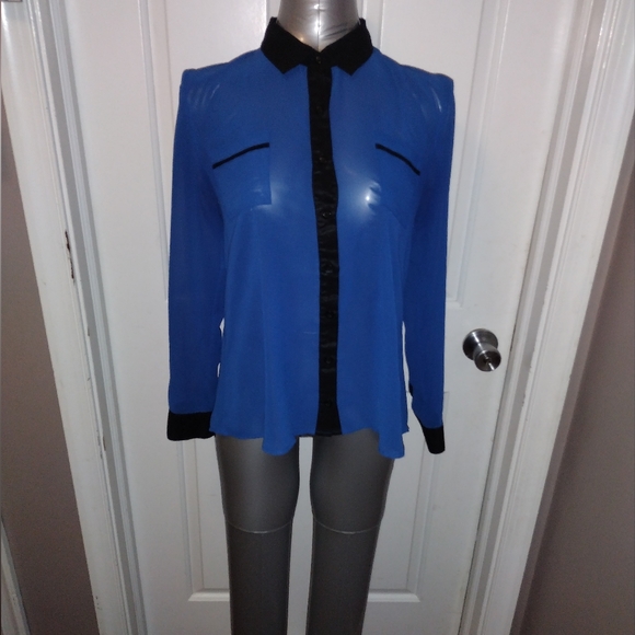 Mine Sheer Button Up Blouse Royal Blue & Black Size M NWOT - Picture 6 of 10